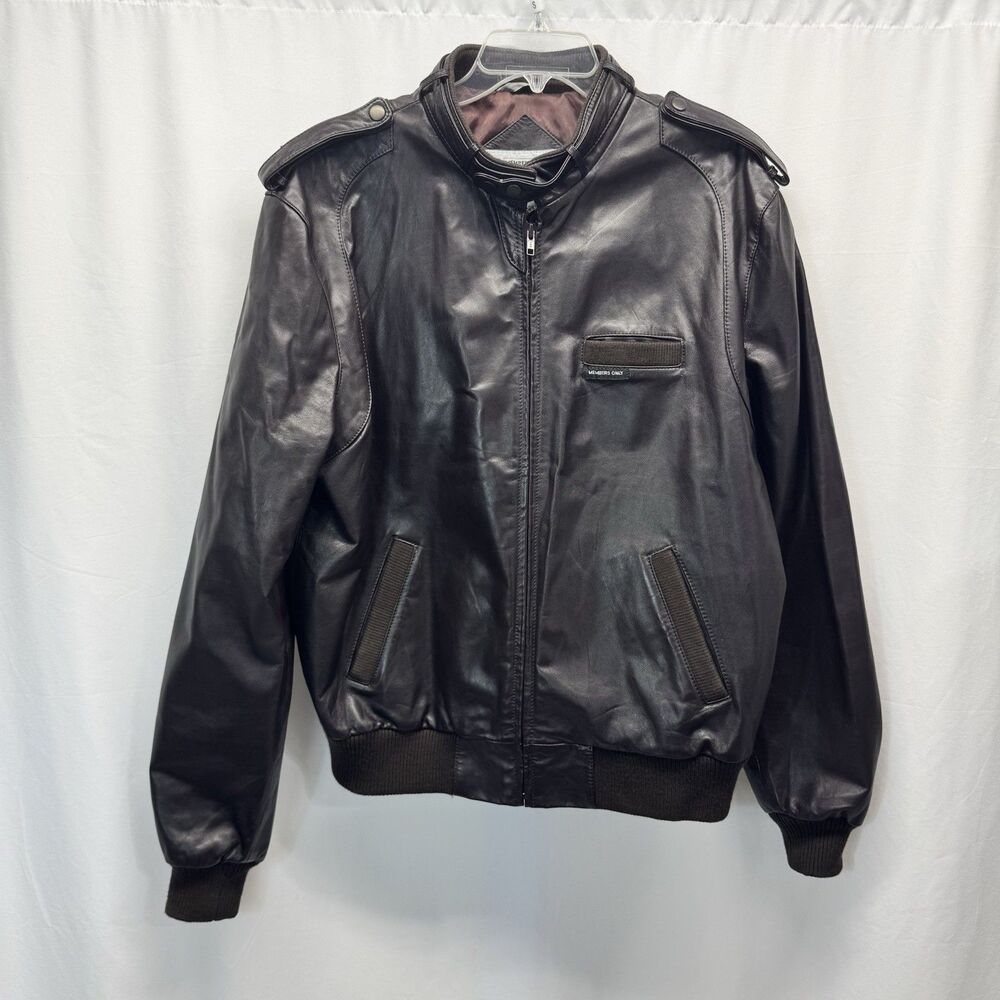 Members Only Cafe Bomber Jacket L Mens 80s Leather Brown Lined Grunge Indie Vtg